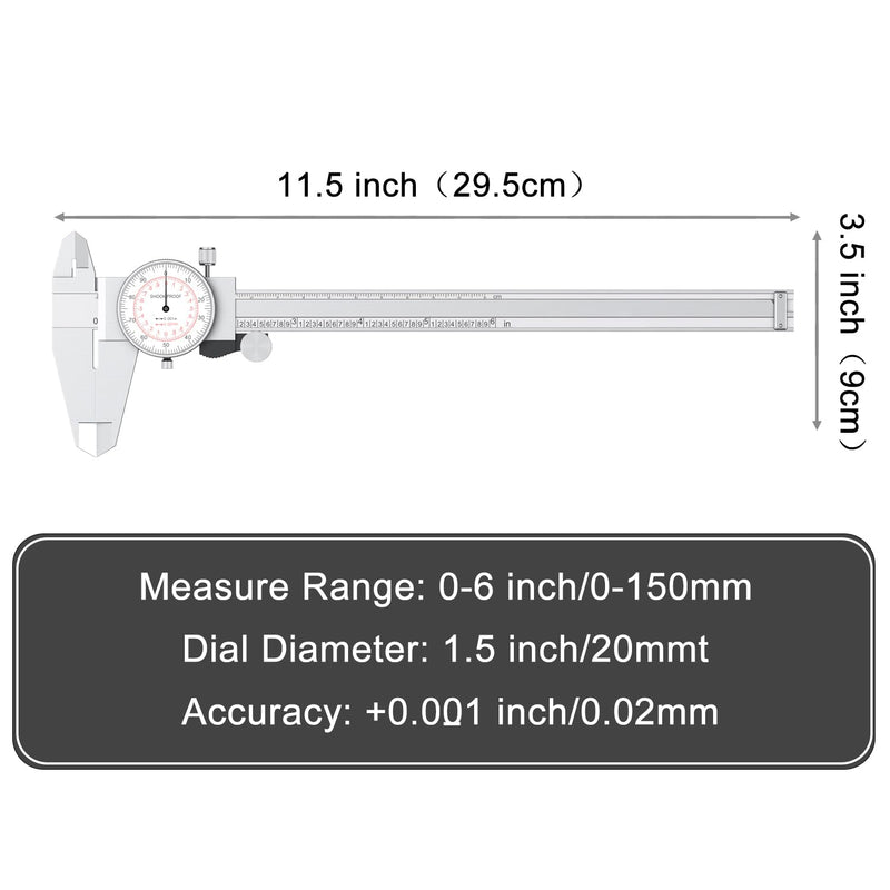 HDLNKAK Dial Caliper 0-6"/150mm Dual Reading Scale, Inch/Metric SAE Standard, Stainless Steel Caliper Measuring Tool Accurate to 0.001”/ 0.02 mm, Silver Dial Caliper 0-6"/150mm Range