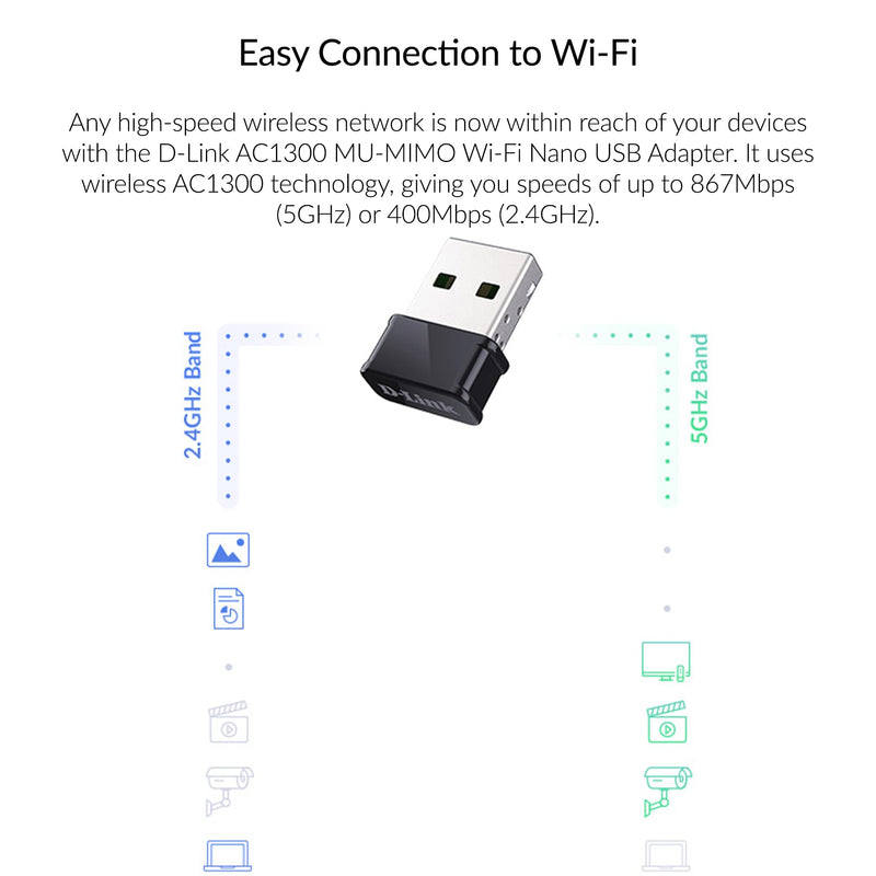 D-Link USB WiFi Adapter Dual Band AC1300 Wireless Internet for Desktop PC Laptop Gaming MU-MIMO Windows Mac Linux Supported (DWA-181-US)