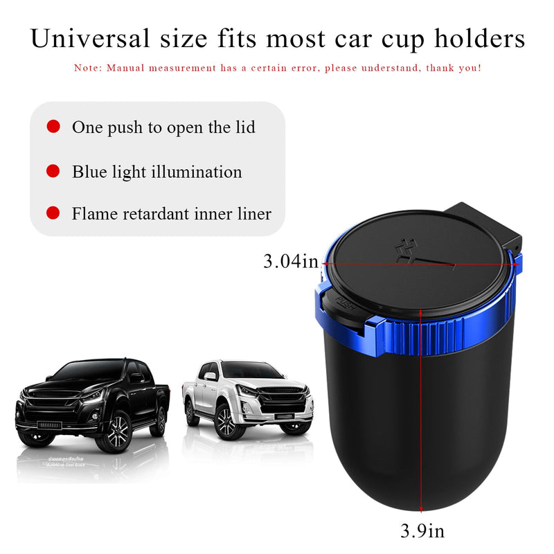 Car Ashtray with Lid, Detachable Stainless Steel Ash Tray with LED Blue Light, Portable Mini Vehicle Cup Holder Trash Can Smell Proof Ashtray Cup, Universal Car Accessories (Blue)
