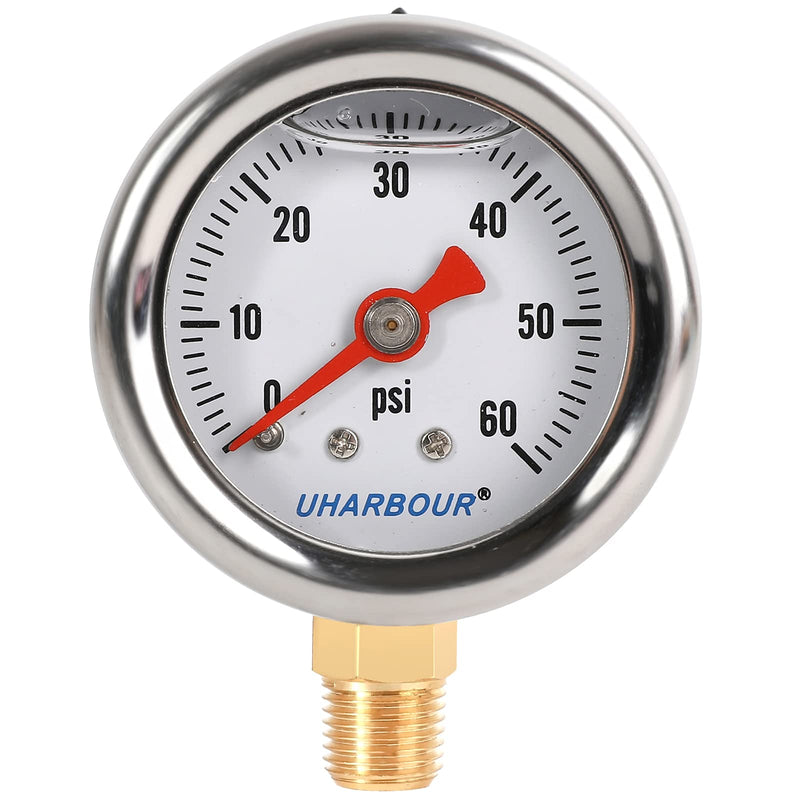 Glycerin Filled Pressure Gauge with 304 Stainless Steel Case, 1-1/2" Dial Size, 0-60Psi, High Accuracy, 1/8" NPT Center Lower Mount Lower Mount（Single scale）