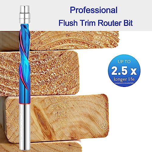 2 PCS Flush Cut Trim Router Bits 1/4 inch Shank Dowm Cut Solide Carbide Flush Trim Bits with Nano Blue Coating by Jiiolioa 2 2 PCS Down Cut Blue Coating