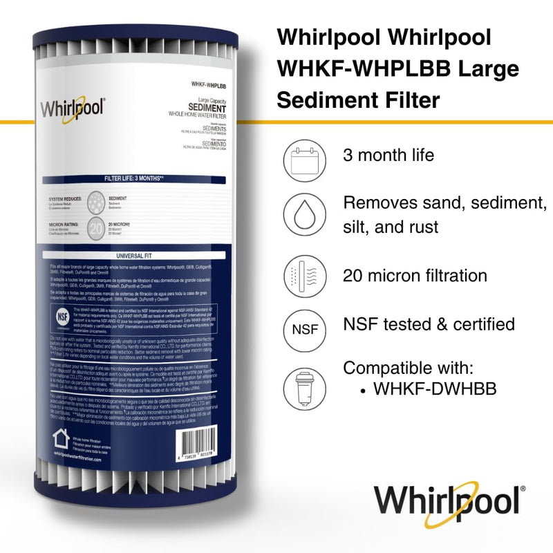 Whirlpool WHKF-WHPLBB Whole House Large Capacity Pleated Sediment Filter, Upgraded 20 Micron Reduces Sand, Soil, Silt & Rust, Fits 4.5" Diameter Standard Home Water Filter Housings 1 Count (Pack of 1)