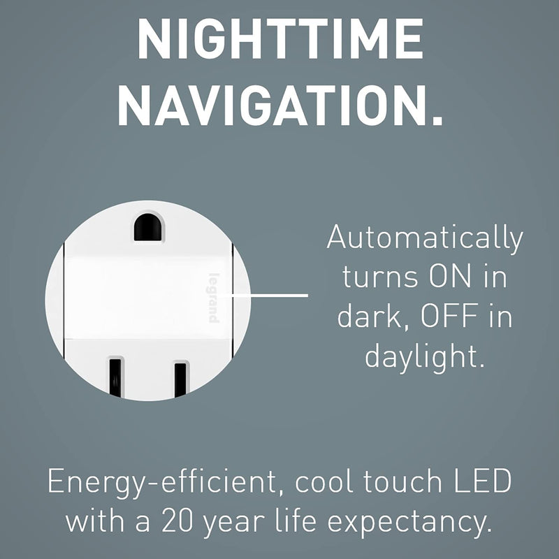 Legrand Radiant Adjustable LED Night Light Outlet with Screwless Wall Plate, Tamper-Resistant Hallway Night Light, 5 Levels, NTL885TRWPW, 15 Amp, White