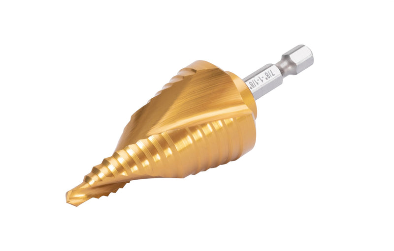 Industrial HSS Step Drill bit 7/8''-1-1/8'' with 1/4'' Hex Shank, Unibit Double Spiral Flute with TiN Coating for Metal, Stainless Steel, Aluminum, Plastic 7/8''-1-1/8''
