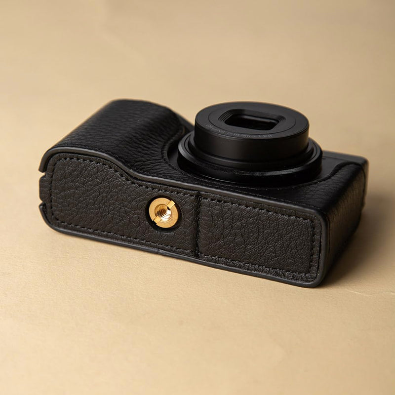 GRIV Vintage Genuine Leather Camera Case with Shoulder Strap for Ricoh GR IV/GR IV X/GR IV HDF/GR4 Handmade Half-Wrap Cover (Black)