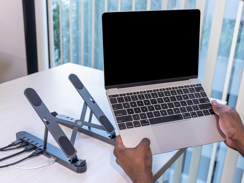Monoprice 6-in-1 Portable Folding Laptop Stand and USB-C Docking Station with 4K HDMI, Gigabit Ethernet, with Adjustable Angles, RJ45 Gigabit Ethernet, Multi-Port Hub