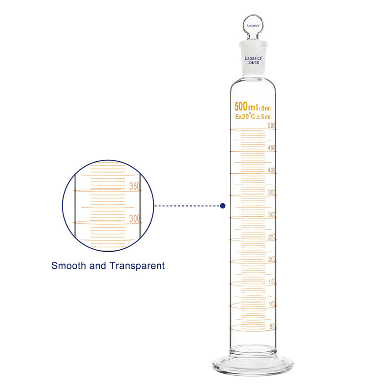 Labasics Graduated Cylinder with Stopper, 500 ml Borosilicate Glass Measuring Cylinder with 24/40 Standard Ground Joint Stopper, Durable Laboratory Glassware for Accurate Liquid Measurement