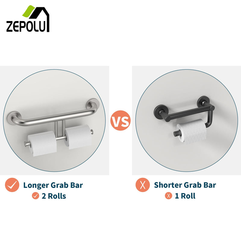 Brushed Nickel Handicap Grab Bar w/Toilet Paper Roll Holder, Zepolu 2-in-1 Safety Assist Bar Balanced Support Handle 17 Inch, Stainless Steel Wall Mounted Bathroom Toilet Grab Bar for Senior Elderly paper holder - brushed nickel