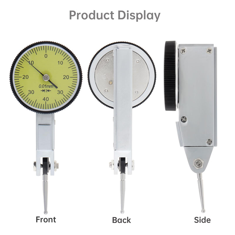 Dial Test Indicator Gauge 0-0.8mm, 0.01mm Accuracy, Lever Dial Test Indicator Gauge 0-40-0 Scale Yellow Dial Face with Installation Accessories 6mm/ 8mm Sleeves