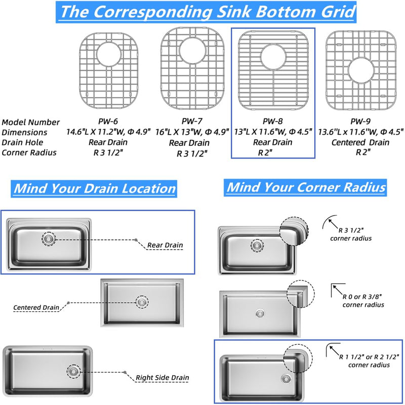 Sink Bottom Grid Kitchen Universal Sink Grate, 304 Stainless Steel Sink Rack Protector with Rear Drain 13.2" X 11.6" 13.2"L X 11.6"W 1 PACK