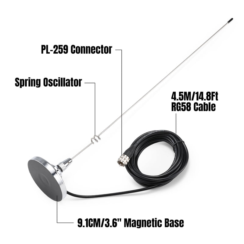 Radioddity RA-UV712 Dual Band GMRS/VHF/UHF Magnetic Mount Antenna Kit, 136-174/400-520MHz, 20-Inch HIgh, with 15ft Cable, PL-259 Compatible with Car Truck Mobile Radios, Scanners, Repeaters