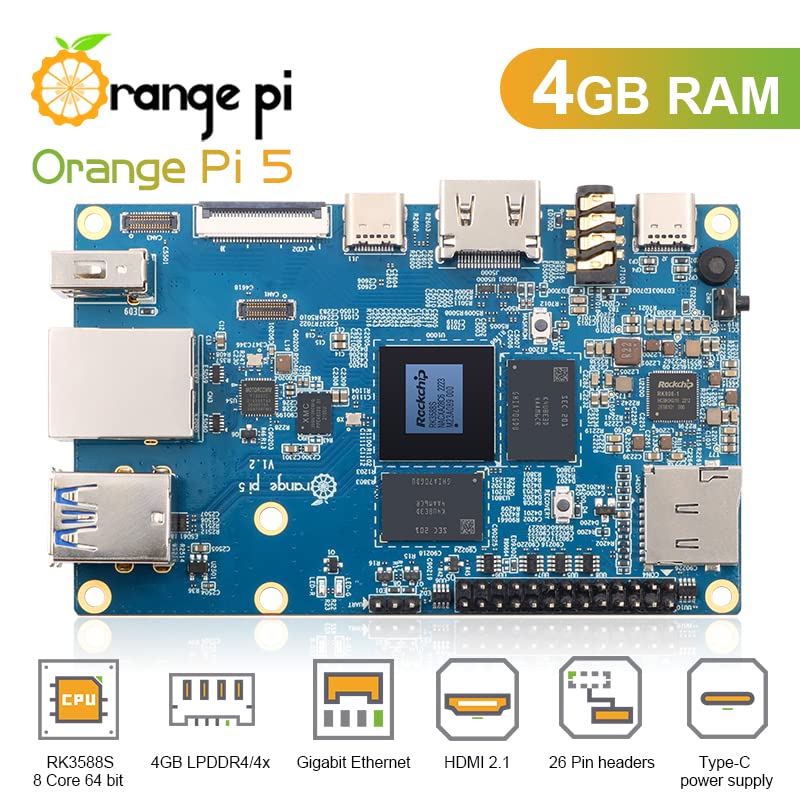 Orange Pi 5 4GB Rockchip RK3588S 8-Core 64 Bit Single Board Computer, Up to 2.4GHz and 8K Video Codec Support Development Board Run Orange Pi/Ubuntu/Debian/Android 12 OS (4GB+ Power Supply) 4GB+Power Supply