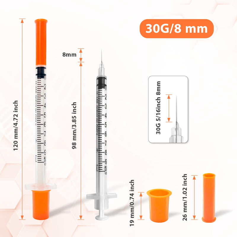 100 Pack Syringes with Needle, U-100 1ml 30G 5/16" 8mm Syringe, Individually Sealed 1ml 30G 5/16" 100 Pack
