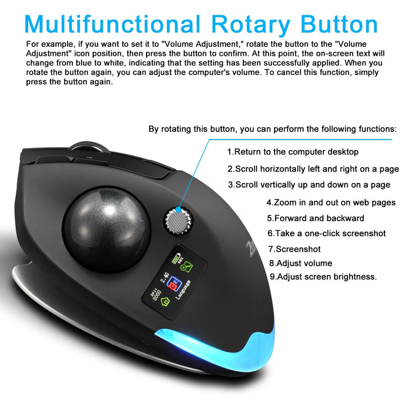 zelotes Wireless Trackball Mouse with Display,Ergonomic Bluetooth Mouse,Rechargeable,4800 DPI, 3-in-1(BT +2.4GHz USB Receiver+Type-C), 8 Programmable Buttons,LED Lighting,for Laptop, PC, Pad,Black