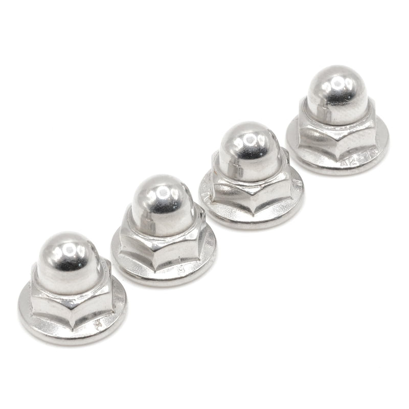 ReplacementScrews License Plate Retainer Screws/Nuts Compatible with Volvo OEM Part 968458 (Screws onto Existing Stud) - Tall Dome/Acorn Head with Flange - Stainless Steel Cap (Pack of 4)