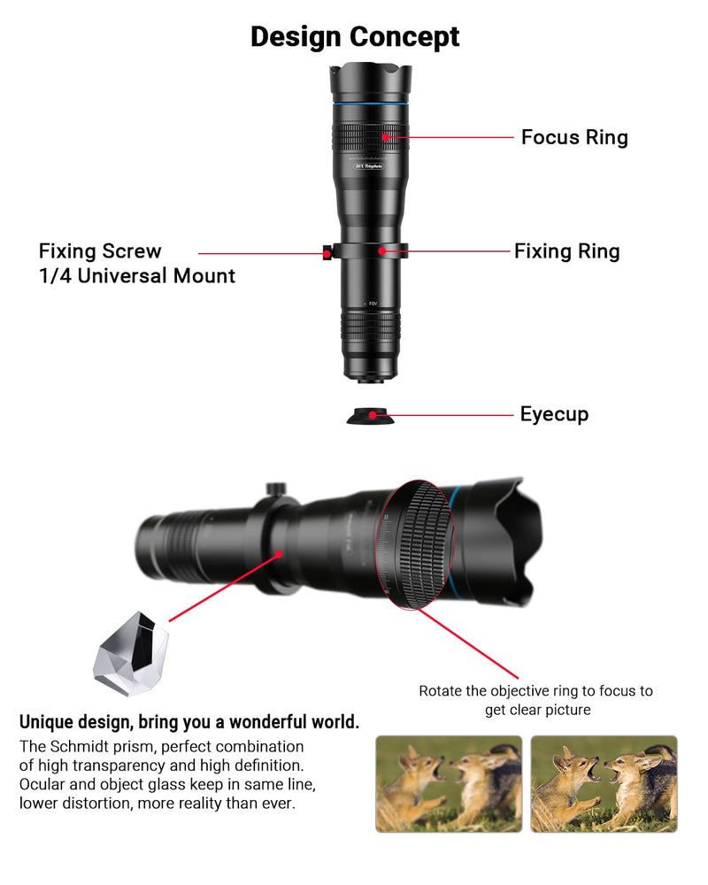 Apexel High Power 36X HD Telephoto Lens with Phone Tripod for iPhone Samsung Pixel One Plus Huawei Lens Attachment Black