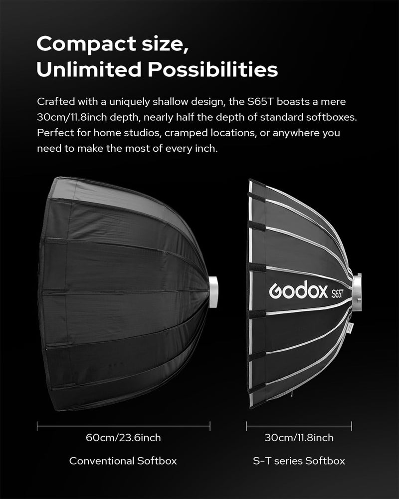 Godox Softbox S65T 25.6in/65cm Quick Release Umbrella Softbox Bowens Mount - Portable Versatile Precise Control - Ideal for Studio Photography Live Streaming and Travel 25.6" Without Grid