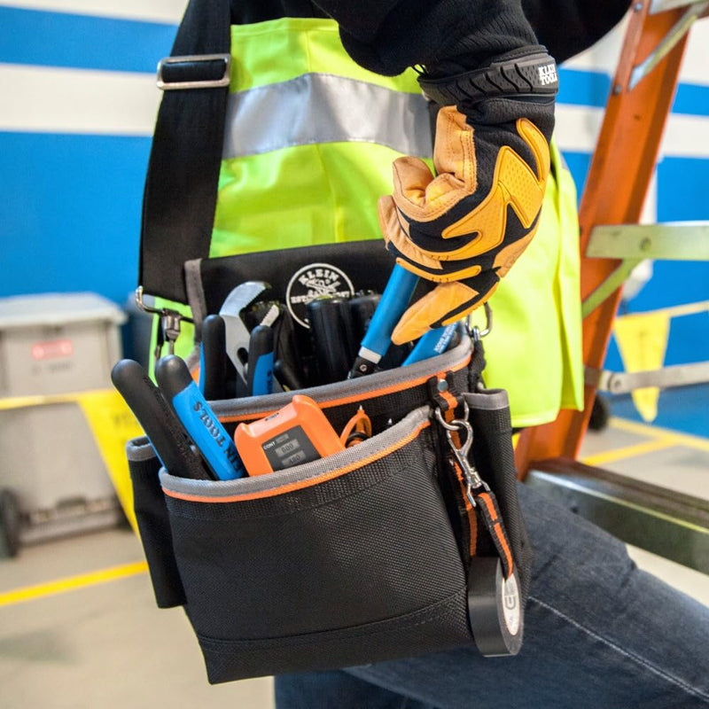 Klein Tools 5243 Tradesman Pro Tool Pouch with Padded Shoulder Strap, Reinforced Bottoms and Electrical Tape Thong, 15-Pocket 15-Pocket Pouch