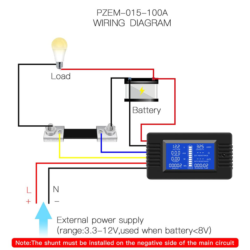 DC Multifunction Battery Monitor Meter,0-200V,0-100A (Widely Applied to 12V/24V/48V RV/Car Battery) LCD Display Digital Current Voltage Solar Power Meter Multimeter Ammeter Voltmeter DC 100A Battery Meter（100A Shunt）