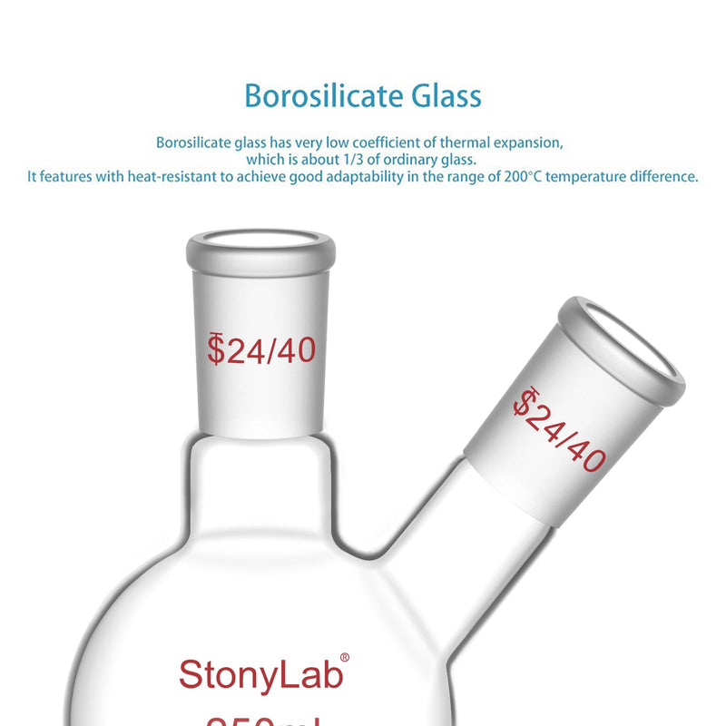 stonylab Flat Bottom Flask FBF, Heavy Wall 2-Neck Lab Flask Borosilicate Glass Flat Bottom Boiling Flask with 24/40 Standard Joint, 250 ml