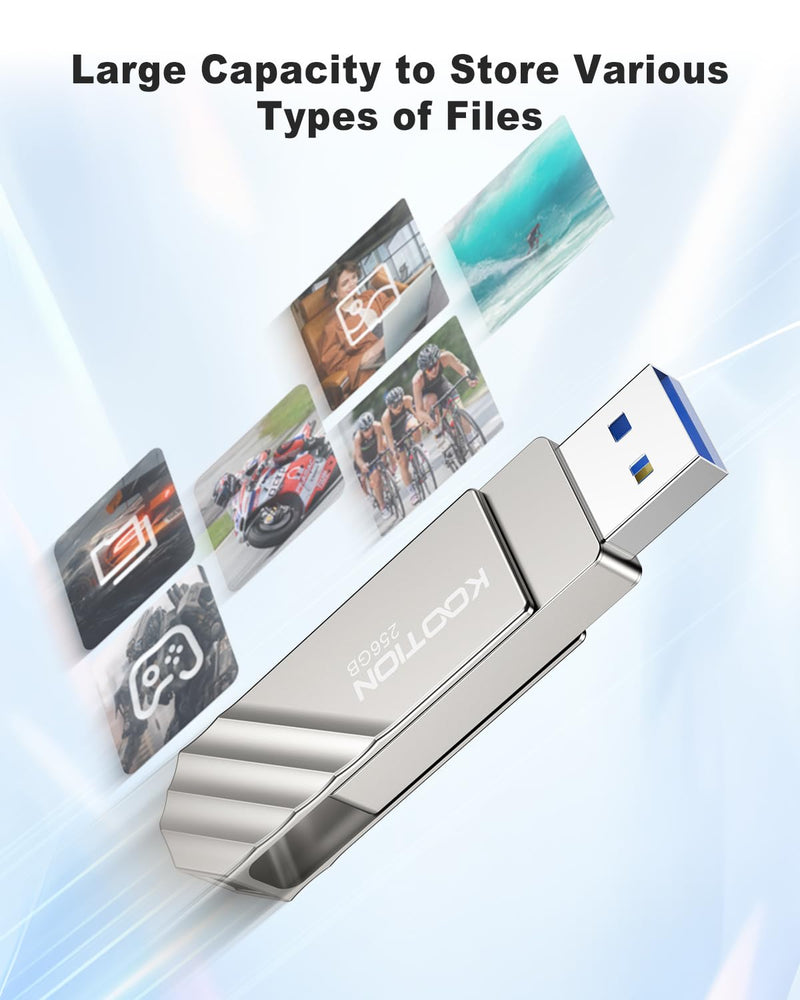 KOOTION 256GB USB 3.2 Flash Drive Metal Type C USB Solid State Drive Up to 450MB/s Dual USB C Flash Drive Swivel Thumb Drive Pen Drive Memory Stick for iPhone15, Silver Up to 450 MB/s