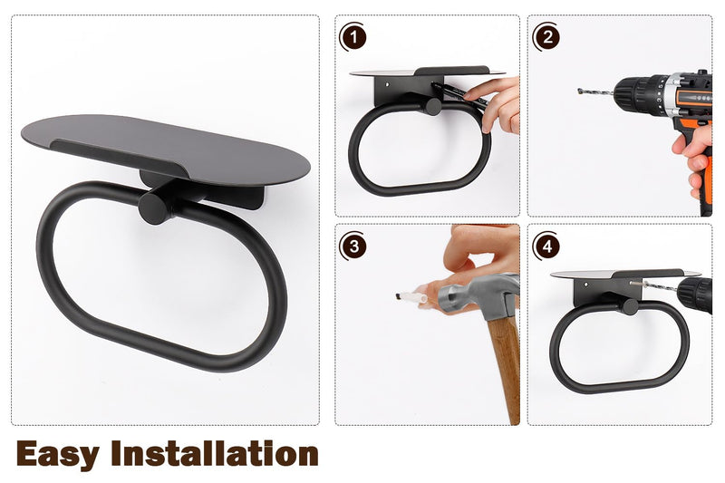 Hand Towel Ring with Shelf, Stainless Steel Hand Towel Holder, Heavy Duty Bath Accessories, Wall Mounted Towel Hanger for Bathroom Kitchen (Matte Black) Matte Black