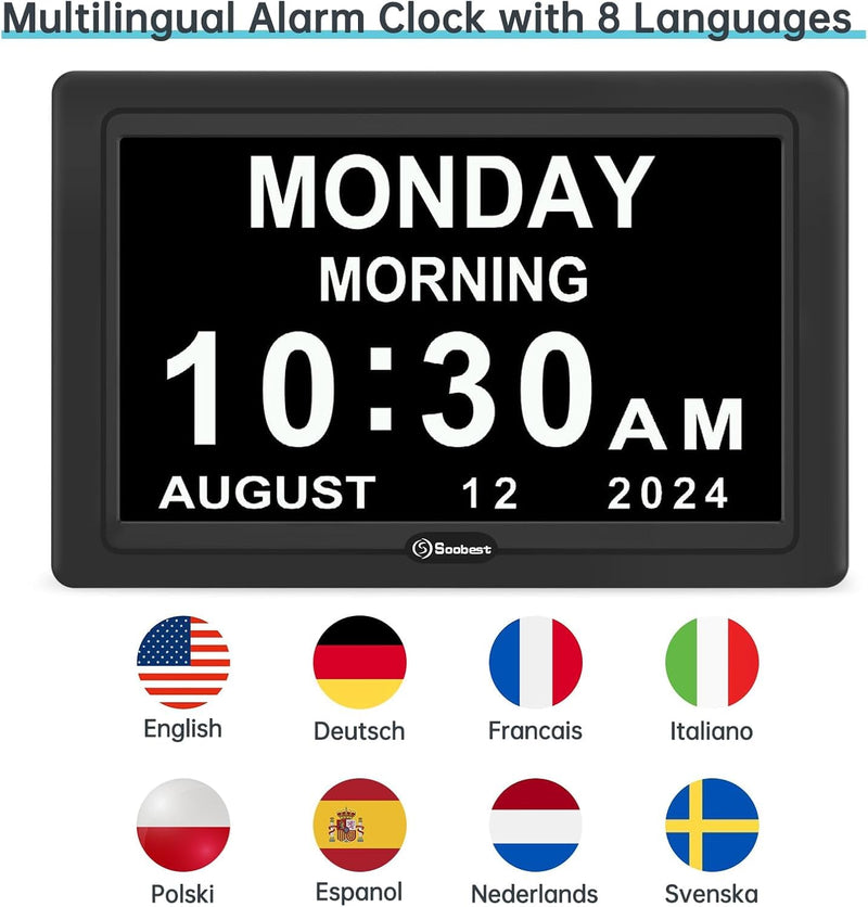 Soobest Dementia Digital Clock for Seniors Elderly, 20 Alarm Reminders 3 Ringtones for Memory Loss Alzheimers, Electric Time Date Day Large Display Calendar Clock, Auto DST, 1024 * 600P HD 7" Hd Black (Plug-in)