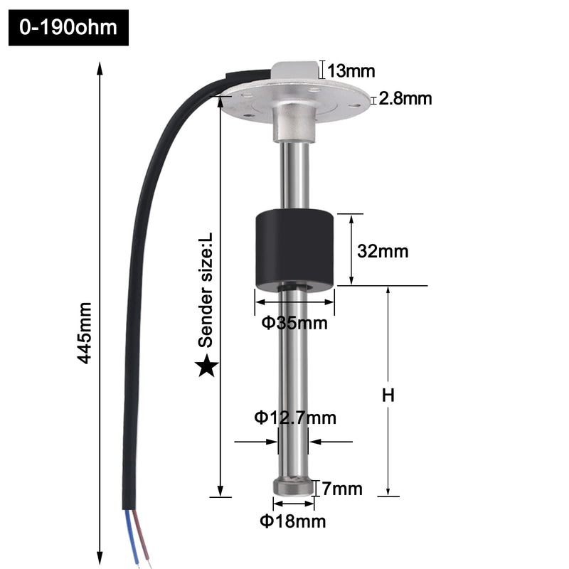 KAOLALI Fuel Gas Sender Stainless Steel Fuel Sending Unit Marine Boat Water Level Gauge Sensor 5 Hole fit Fuel &Water Gauge 0~190ohm 240~33ohm (0-190ohm, 16"(400mm)) 0-190ohm 16"(400mm)