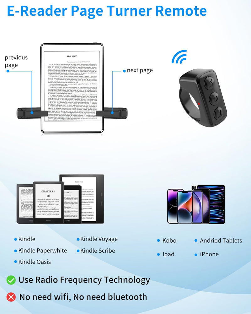 RF Remote Page Turner for Kindle Paperwhite Oasis Kobo eReaders, Taking Photos Camera Video Recording Remote Triggers, Page Turner Clicker for ipad Tablets Reading Novels iOS and Android Devices