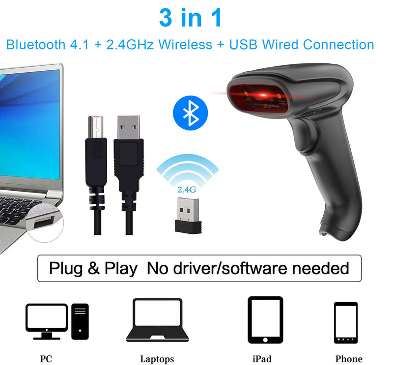 2D Bluetooth Barcode Scanner,Alacrity 1D 2D Hands-Free Automatic Scanning 3-in-1 Connections Bluetooth&USB Wired&2.4GHz Wireless Barcode Reader,Work with Windows,Mac,Android,Linux,iOS 2D Bluetooth Barcode Scanner