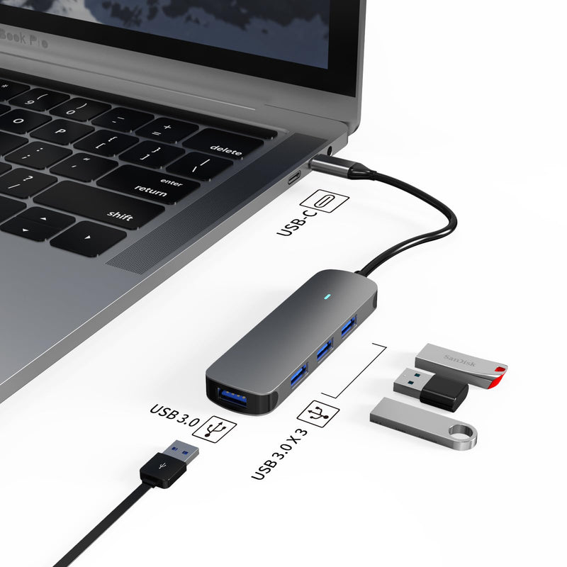 USB-C to USB 3.0 Hub 4-Port by MMOBIEL – 4-in-1 USB-A Splitter Adapter, 5Gbps High-Speed Data Transfer, Compact Aluminum Hub – Compatible with MacBook, iPad Pro, Dell, Samsung, USB-C Laptops & Tablets USB-C to 4-Port USB-A Hub