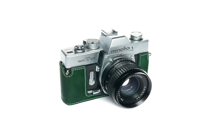 SRT-101 Film Camera Case, BolinUS Handmade Genuine Real Leather Half Camera Case Bag Cover for Minolta SRT 101 Film Camera With Hand Strap (Green) Green