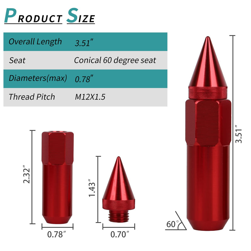 M12x1.5 Spikes Lug Nuts 20pcs 60mm Aluminum Wheel Nuts Fit for Ford Escape/Focus/Fusion,for Honda Accord/CR-V,for Toyota Avalon,for Chevy Impala etc (Red) Red