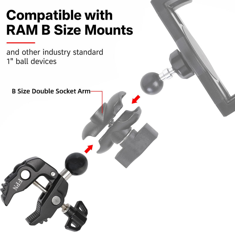 Aluminum Alloy Handlebar Clamp Mount with 1" Rubber Ball for 0.5-1.77 inch Rails, Compatible with RAM Mounts B Size Double Socket Arm, for Motorcycle, Bike, ATV