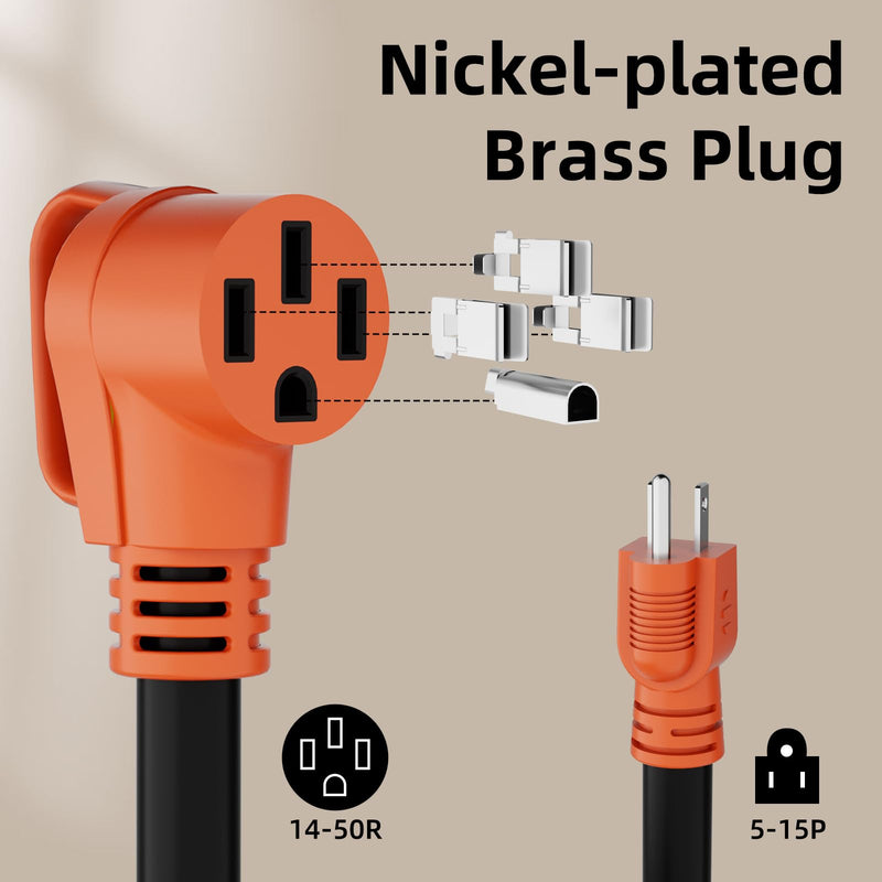 50 Amp to 110 Volt RV Adapter Cord, Nickel-Plated Power Adapter NEMA 5-15P to NEMA 14-50R, 10 AWG Pure Copper Cord, for RV Camper Caravan Van Trailer