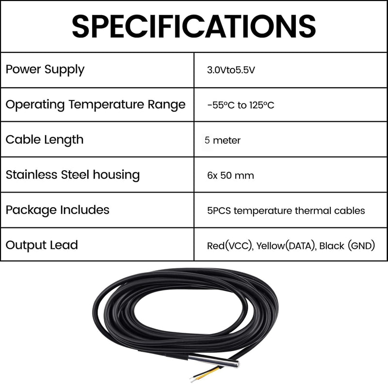 Diymore DS18B20 Temperature Sensors, 5pcs 5M Waterproof Digital Probes with Stainless Steel Cable for Arduino, Raspberry Pi & Shelly Projects 5pcs 5M DS18B20