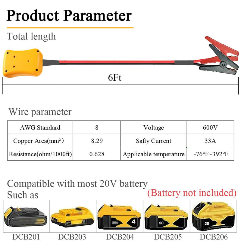 Jumper Cables with Adapter Compatible with Dewalt 20V Battery, 2FT 8AWG Portable Battery Dewalt Jumper Starter Automotive Booster Cables Power for Car Jump Starting Using Tool 6FT
