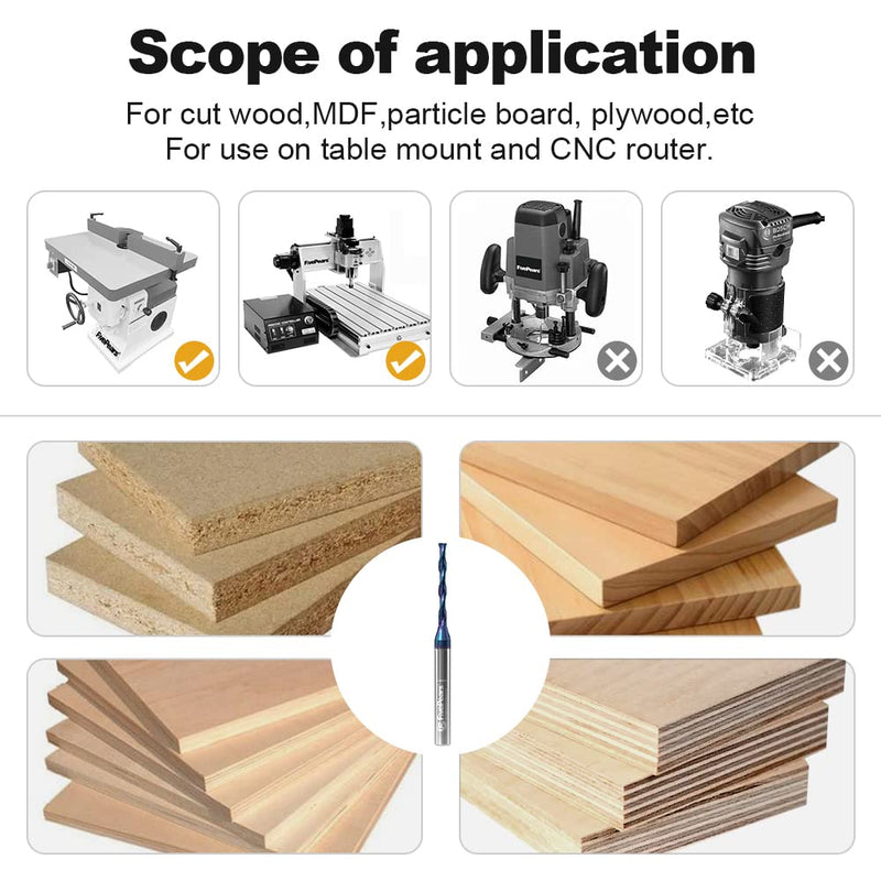 FivePears 3 Flute Up&Down Cut Compression Spiral Router Bit 1/4 inch Shank with Extreme Life Coated, 1/8" Cutting Diameter, 1" Cutting Length, CNC Carbide End Mill for Wood Carving Engraving Grooving Compression Cut 1/4" Shank