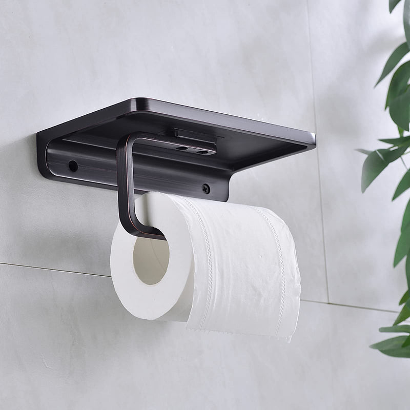 Toilet Paper Holder with Phone Shelf Storage, Wall Mounted Bathroom Accessories Rustproof Tissue Roll Holders Dispenser, Oil Rubbed Bronze