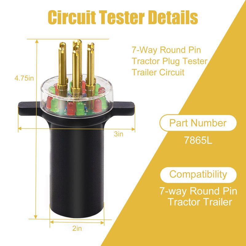 7-Way Round Pin Tractor Plug Tester,7865L Trailer Light Tester for Testing Turn Signals,Hazard Lights, Brake Lights and More，Making Troubleshooting Electrical Issues Quick and Straightforward