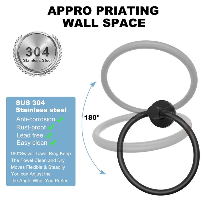 Matte Black Bathroom Hardware Set - Stainless Steel Wall-Mounted Toilet Paper Holder, Towel Ring & 2 Handy Hooks for Modern Bathroom Accessories | Rust-Resistant Towel Hook Set with Easy Installation 4PCS-SET