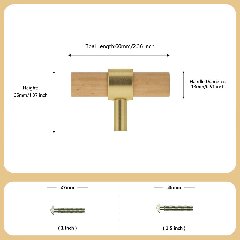 Wooden Drawer Pulls,10-Pack Beech Wood Drawer Handles Knobs,Suitable for Kitchen, Living Room, Bedroom, Bathroom and Other Scenes,Gold 10