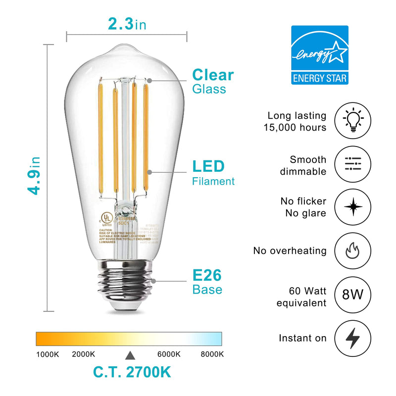 TJOY 10 Pack Vintage 8W ST58 LED Edison Light Bulbs, Dimmable, 60W Equivalent, 800Lumens, 2700K Warm White, E26 Base LED Filament Bulb, CRI80+, Antique Glass Style for Home, Bedroom, Office, Farmhouse 10 Pack - 8W