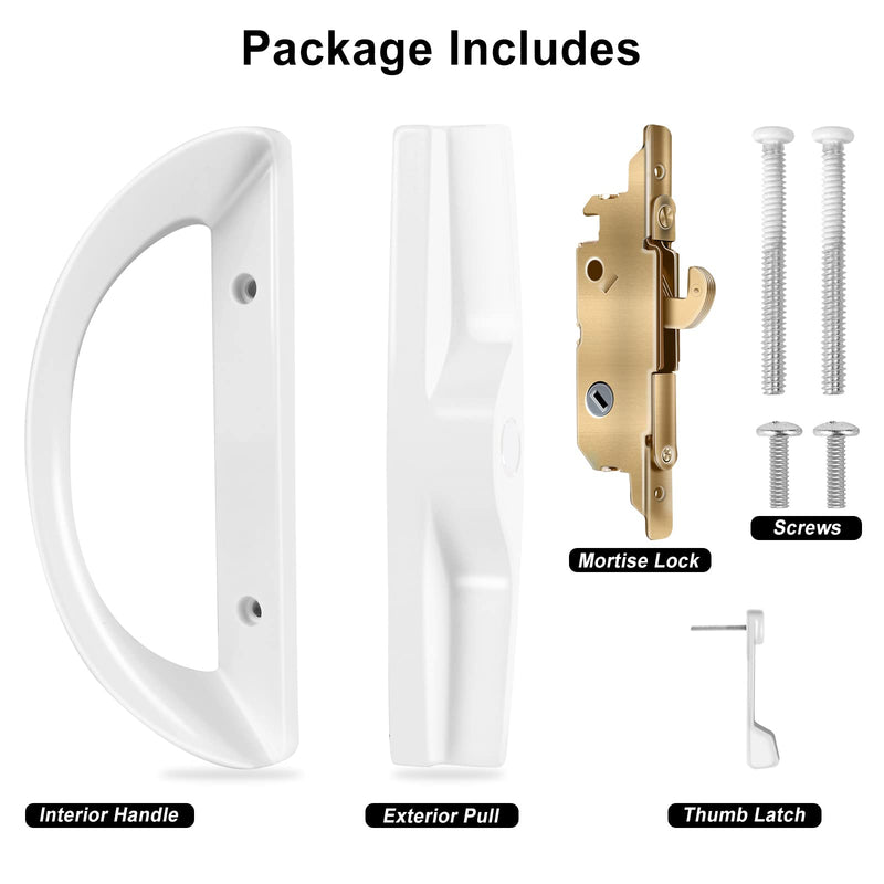 Sliding Door Lock with Mortise Lock (No Key), Patio Sliding Door Handle Reversible Design, Sliding Glass Door Lock Fits 3-15/16" Hole Spacing White
