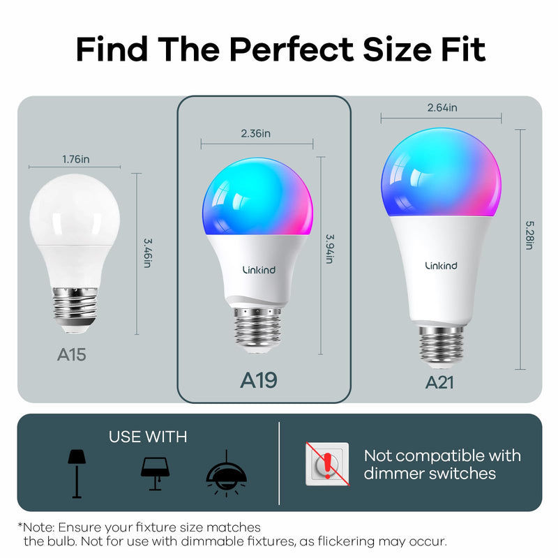 Linkind Matter Smart Light Bulb, WiFi Smart Bulbs, Work with Apple Home, Siri, Alexa, Google, SmartThings, AiDot, RGBTW Color Changing Bulbs Mood Lighting, Music Sync, A19 E26 60W, 2.4Ghz WiFi 6 Pack 6 Pack Matter-enabled