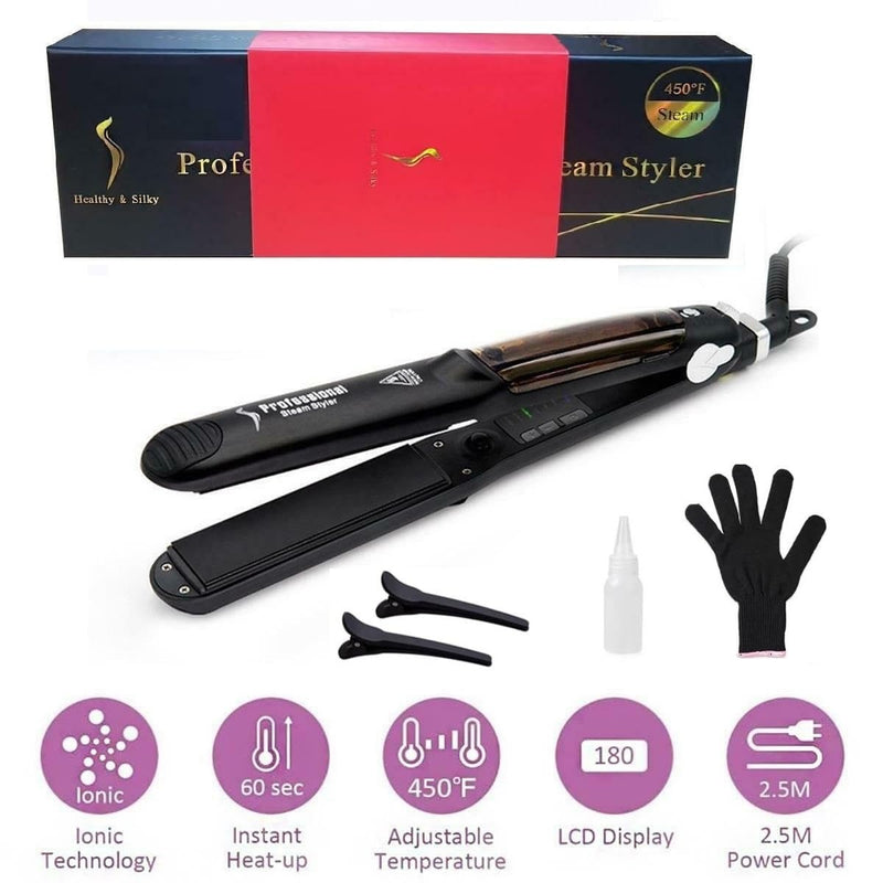 Professional 2 in 1 Steam Flat Iron, Hair Straightener & Curler Styler, Tourmaline Ceramic Steam Hair Straightener, Flat Iron Vapor Plate, Glossy Hairs, Adjustable Temperatures