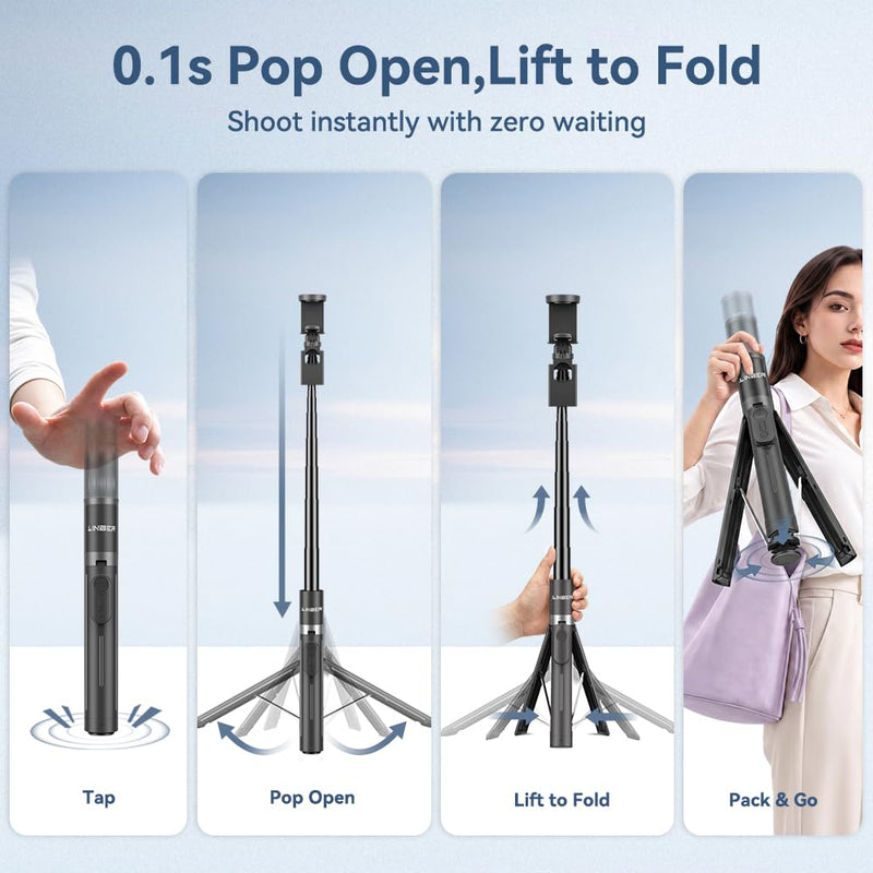 62.9" Selfie Stick Tripod - One-Button Pop-Open Phone Tripod with Remote. | Selfie Stick Tripod Stand | One-Button Instant Open, One-Pull Fold, Portable with Magnetic Remote, iPhone Android Compatible Black