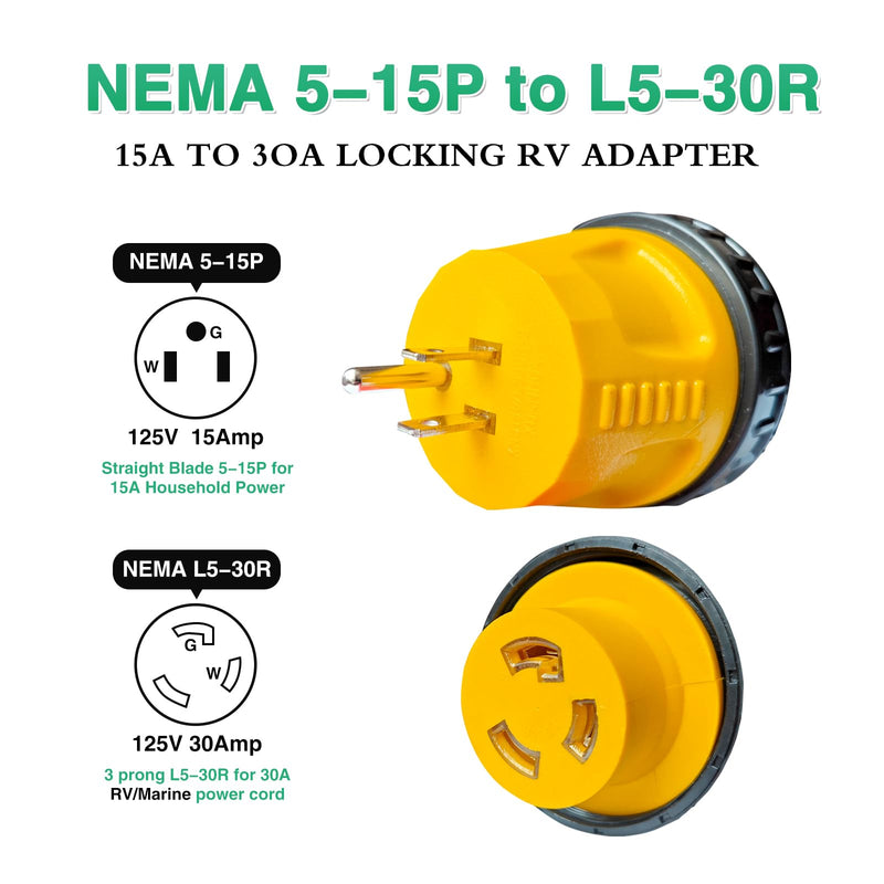 NEMA 5-15P to NEMA L5-30R Twist Locking Shore Power Plug 30 Amp to 15 Amp 110 RV Adapter , 15A Household Male to 30A RV Female Electrical Converter for RV Camper Caravan Van Travel Trailer