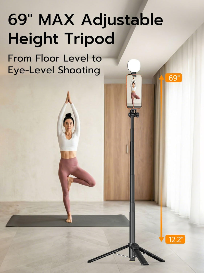 69" Magnetic Tripod for iPhone with Magnetic Light (MPT-04) | Selfie Stick with Magnetic Selfie Light & Remote, Extendable Tripod, Vlogging Kit for Magsafe iPhone/Android Video Recording