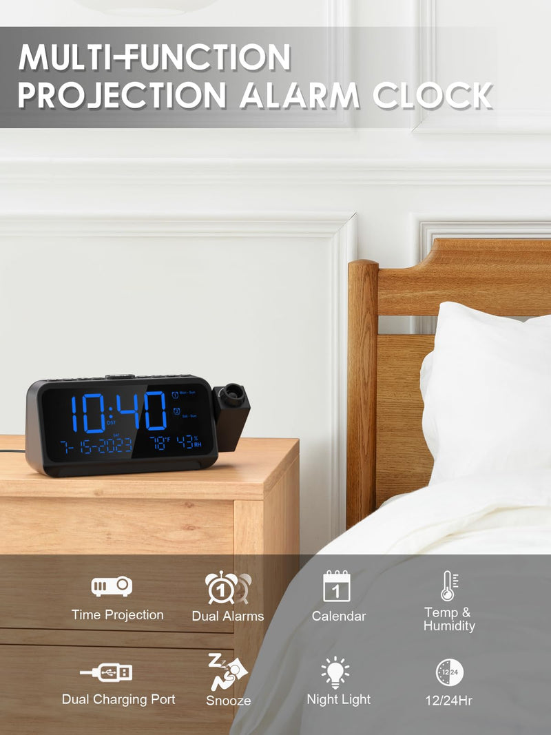 ROCAM Projection Alarm Clock for Bedroom Ceiling, Digital Clock with 180° Projector with 5-Level Dimmer, Dual Loud Alarm with Weekend/Weekday Mode, Date, Temp, Humidity, Night Light, DST, Snooze Blue
